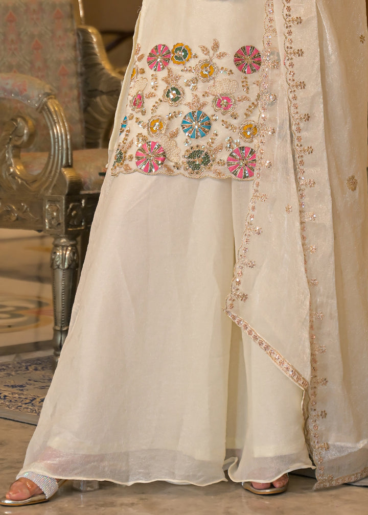 Ivory White Satin Silk Palazzo Suit Set with Mirror, Bead &amp; Floral Embroidery