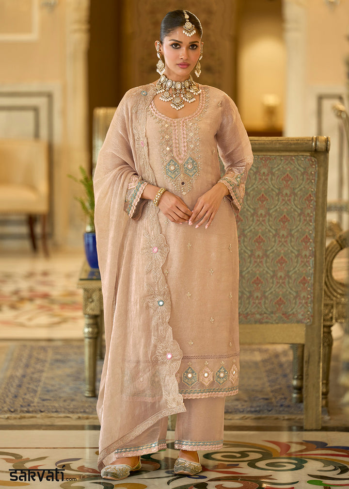Champagne Gold Satin Silk Palazzo Suit Set with Floral &amp; Paisley Detailing