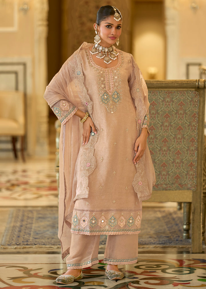 Champagne Gold Satin Silk Palazzo Suit Set with Floral &amp; Paisley Detailing