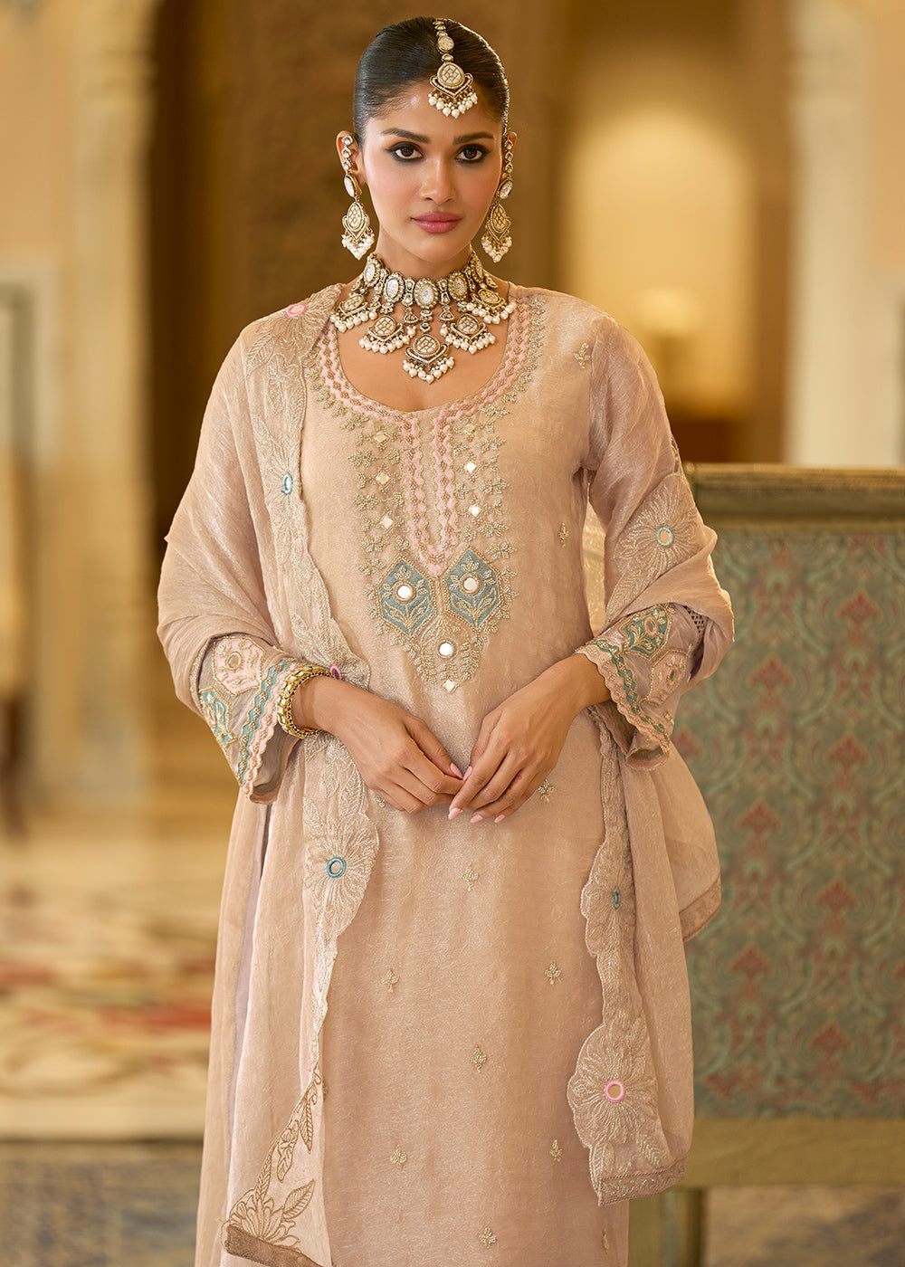 Champagne Gold Satin Silk Palazzo Suit Set with Floral &amp; Paisley Detailing