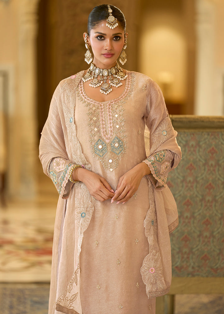 Champagne Gold Satin Silk Palazzo Suit Set with Floral &amp; Paisley Detailing