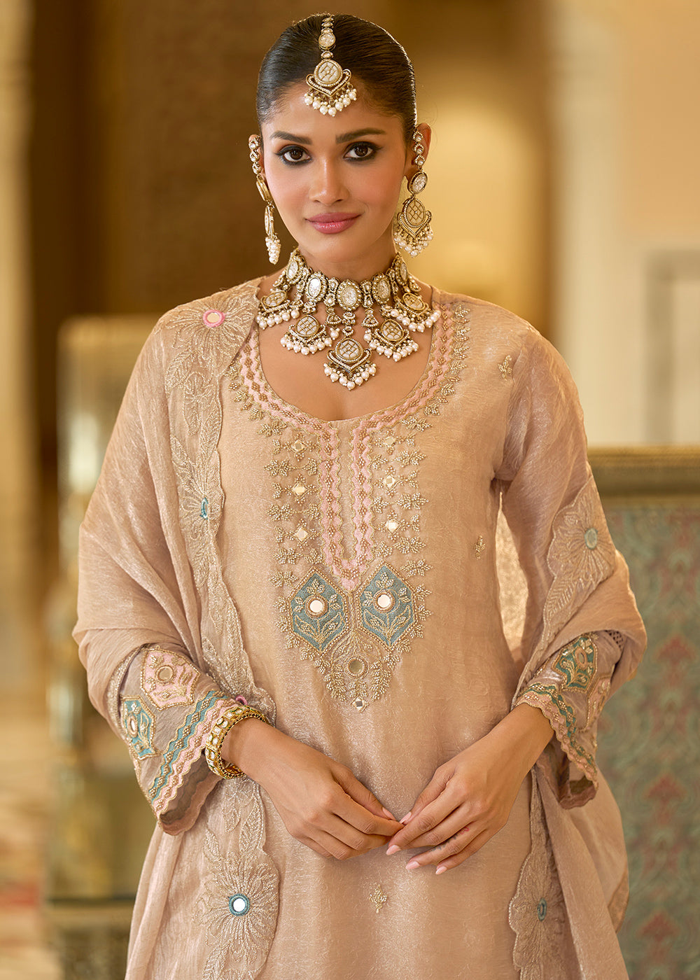 Champagne Gold Satin Silk Palazzo Suit Set with Floral &amp; Paisley Detailing