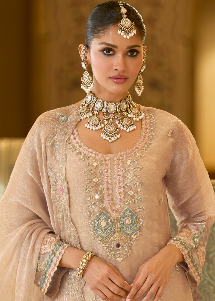 Champagne Gold Satin Silk Palazzo Suit Set with Floral &amp; Paisley Detailing