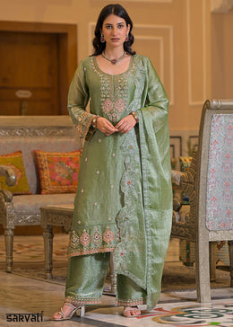 Soft Sage Green Satin Silk Palazzo Suit Set with Floral & Paisley Detailing
