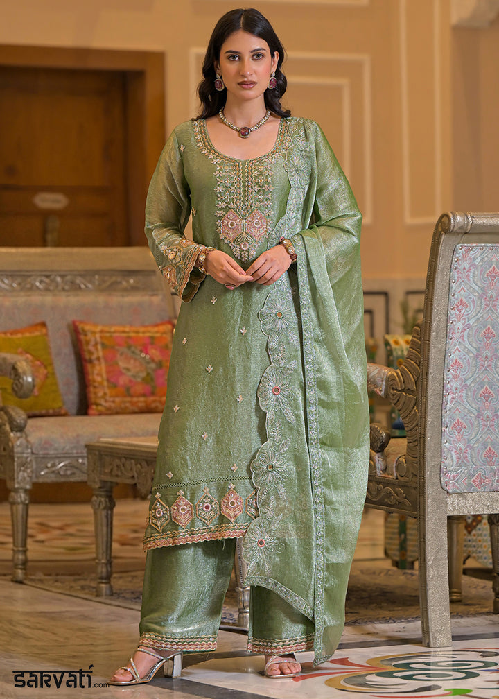Soft Sage Green Satin Silk Palazzo Suit Set with Floral &amp; Paisley Detailing