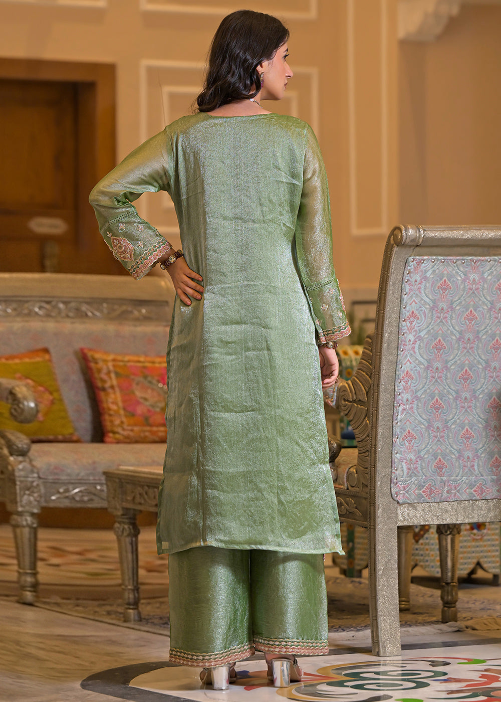 Soft Sage Green Satin Silk Palazzo Suit Set with Floral &amp; Paisley Detailing