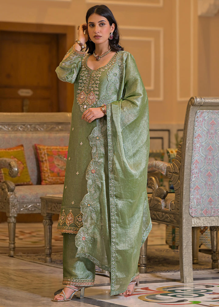 Soft Sage Green Satin Silk Palazzo Suit Set with Floral &amp; Paisley Detailing