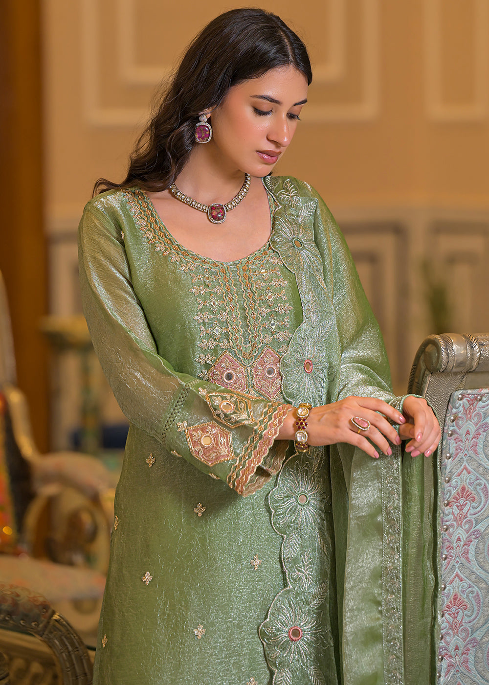 Soft Sage Green Satin Silk Palazzo Suit Set with Floral &amp; Paisley Detailing
