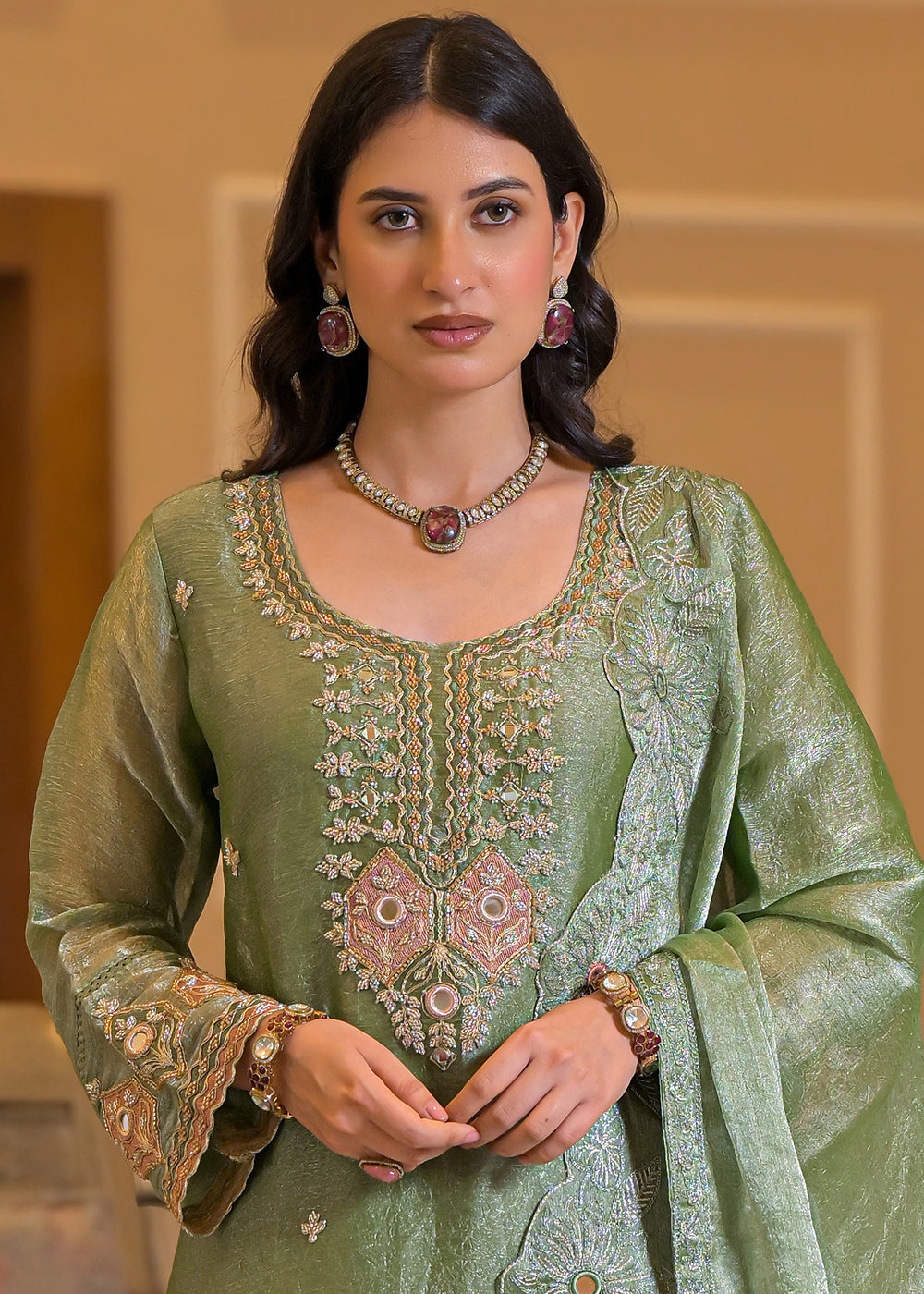 Soft Sage Green Satin Silk Palazzo Suit Set with Floral &amp; Paisley Detailing
