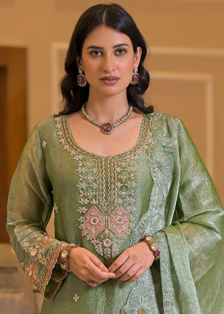 Soft Sage Green Satin Silk Palazzo Suit Set with Floral &amp; Paisley Detailing