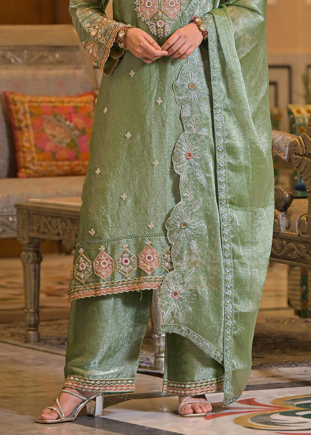 Soft Sage Green Satin Silk Palazzo Suit Set with Floral &amp; Paisley Detailing