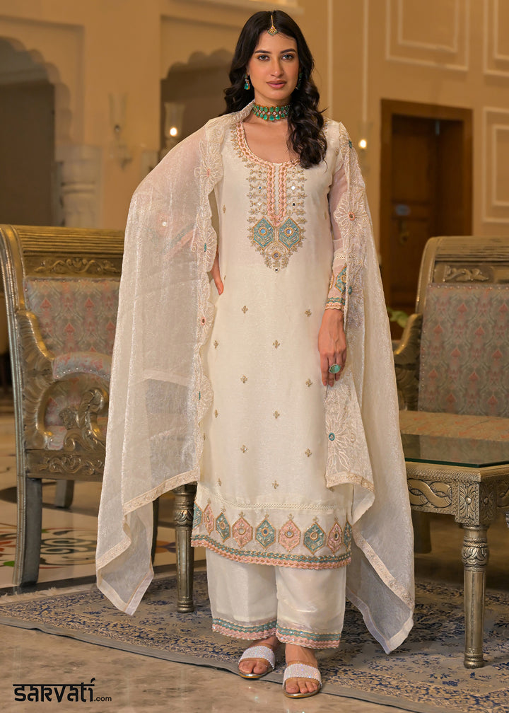 Ivory White Satin Silk Palazzo Suit Set with Floral &amp; Paisley Detailing