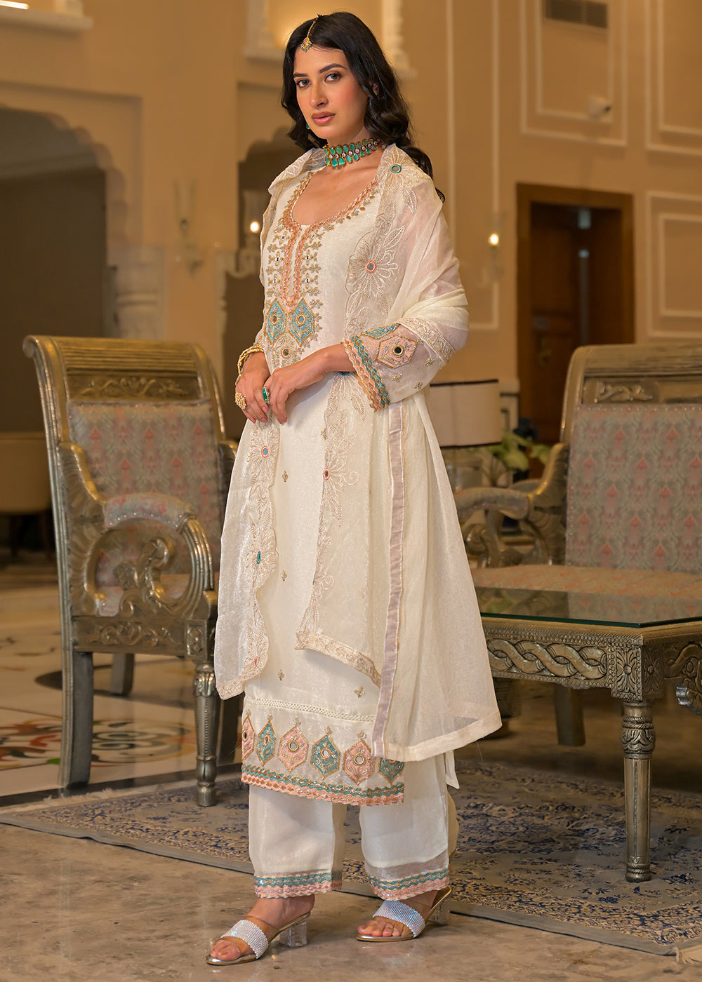 Ivory White Satin Silk Palazzo Suit Set with Floral & Paisley Detailing