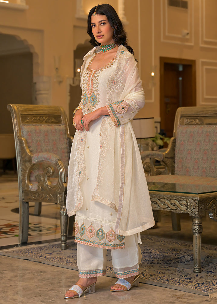 Ivory White Satin Silk Palazzo Suit Set with Floral &amp; Paisley Detailing