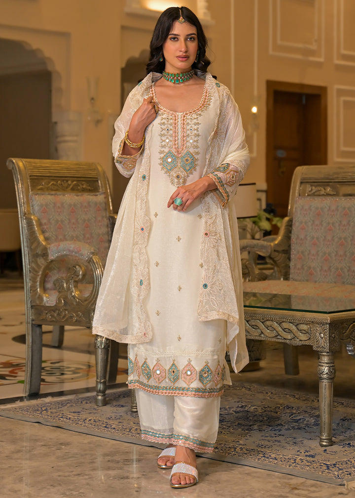 Ivory White Satin Silk Palazzo Suit Set with Floral &amp; Paisley Detailing