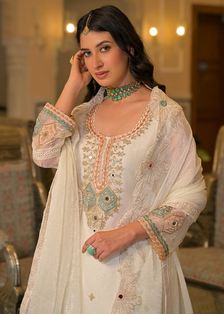 Ivory White Satin Silk Palazzo Suit Set with Floral &amp; Paisley Detailing