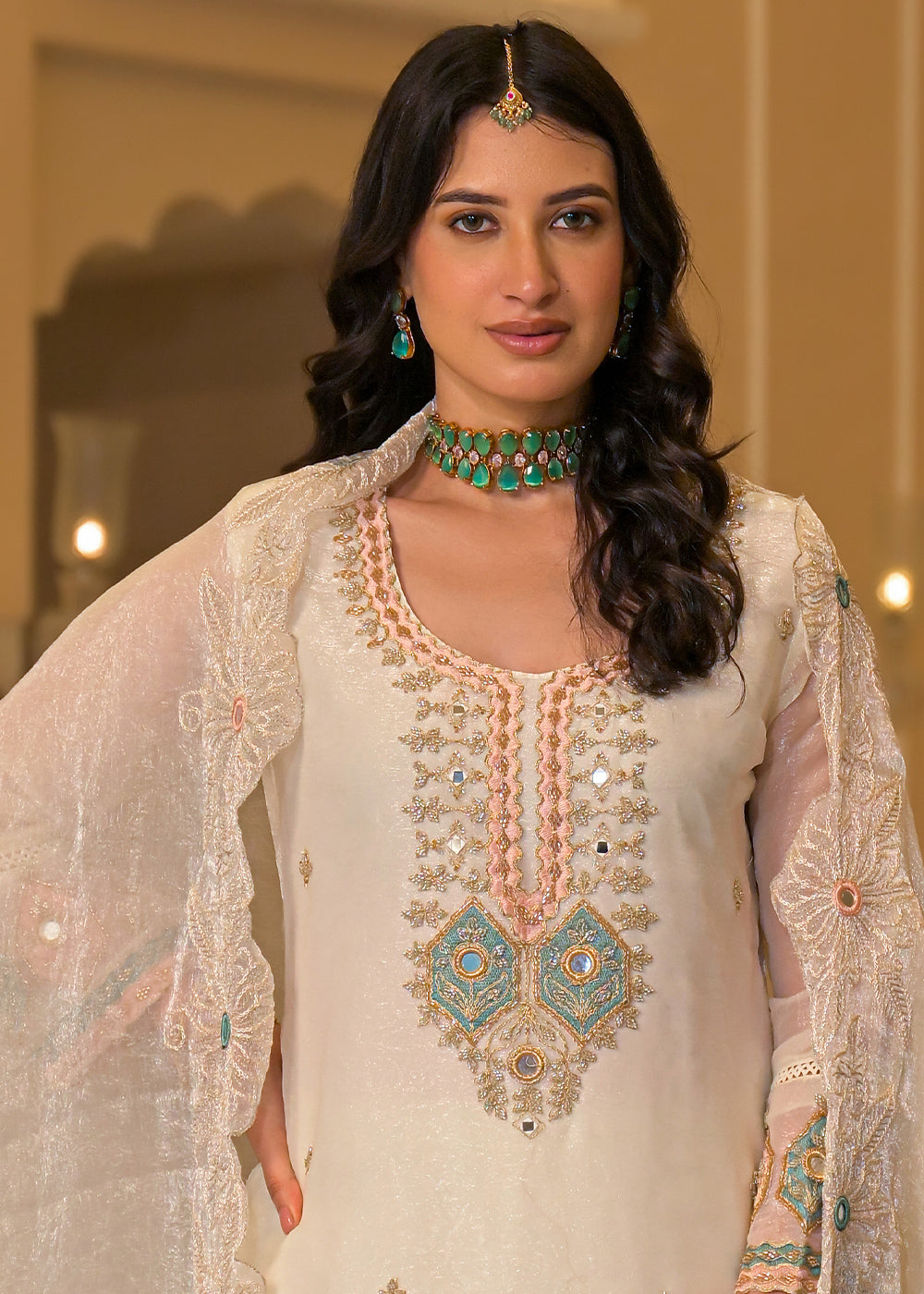 Ivory White Satin Silk Palazzo Suit Set with Floral &amp; Paisley Detailing