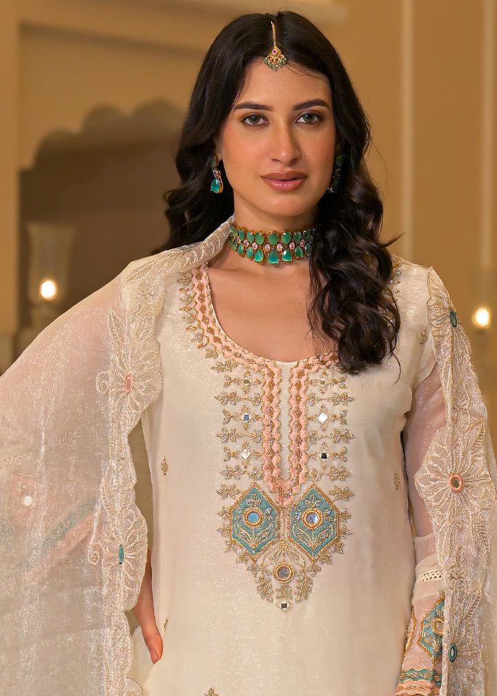 Ivory White Satin Silk Palazzo Suit Set with Floral &amp; Paisley Detailing