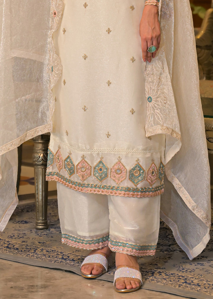 Ivory White Satin Silk Palazzo Suit Set with Floral &amp; Paisley Detailing