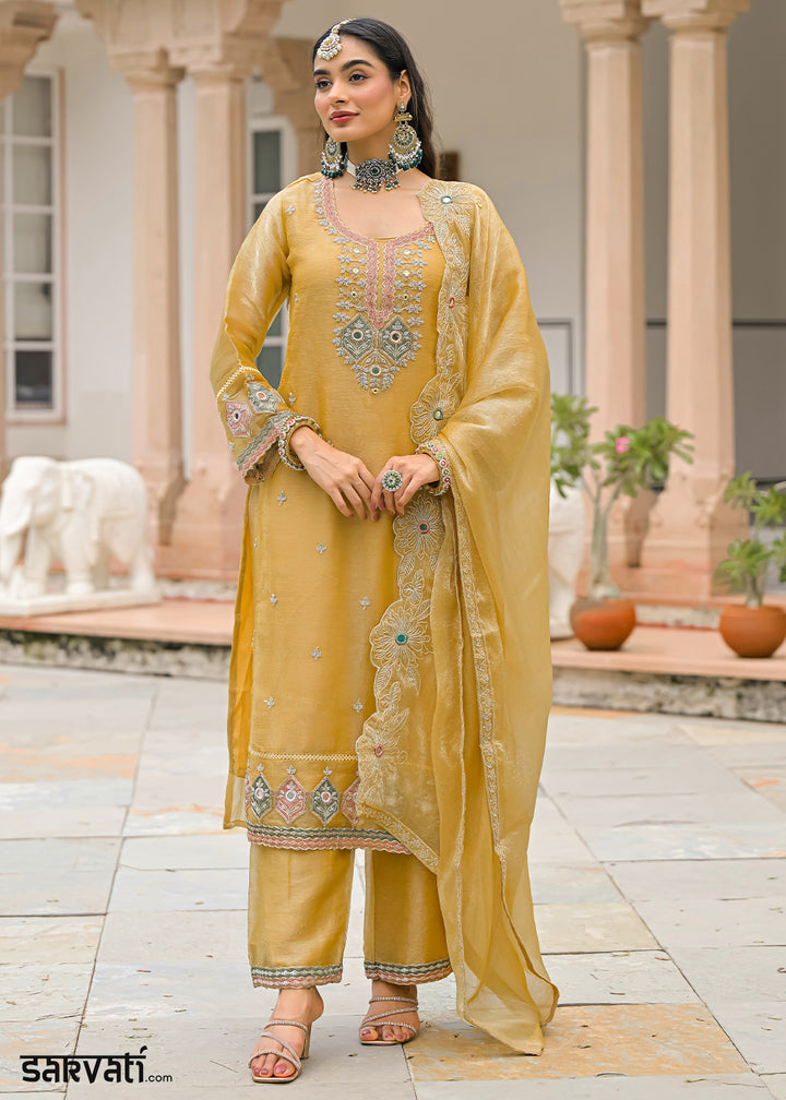 Mustard Yellow Satin Silk Palazzo Suit Set with Floral &amp; Paisley Detailing