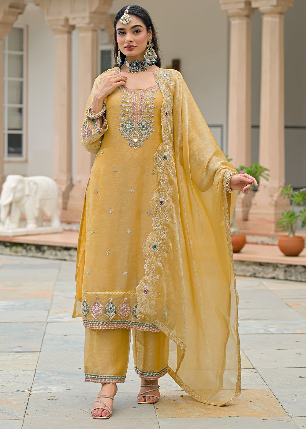 Mustard Yellow Satin Silk Palazzo Suit Set with Floral &amp; Paisley Detailing