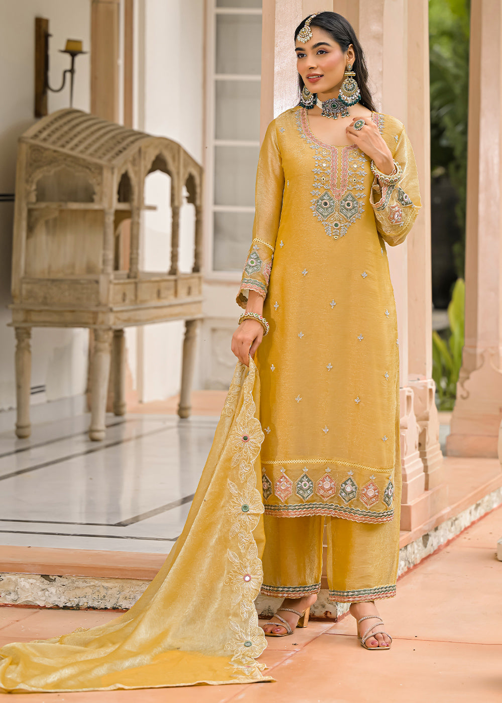 Mustard Yellow Satin Silk Palazzo Suit Set with Floral &amp; Paisley Detailing