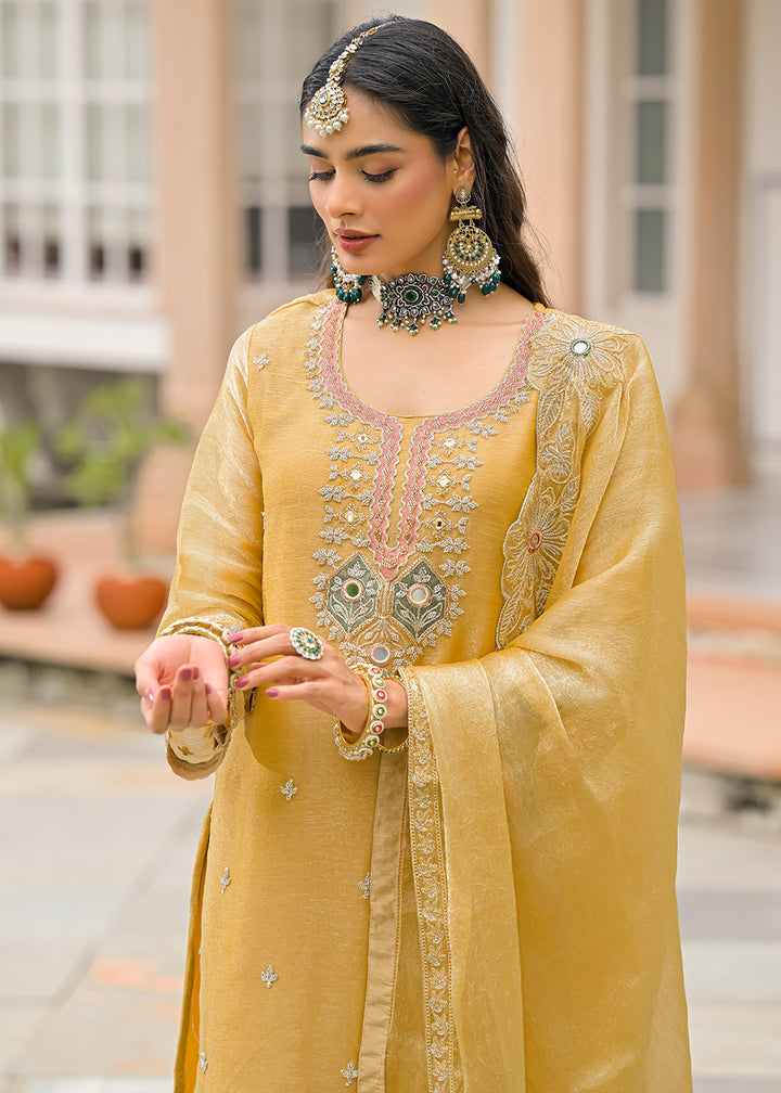Mustard Yellow Satin Silk Palazzo Suit Set with Floral &amp; Paisley Detailing