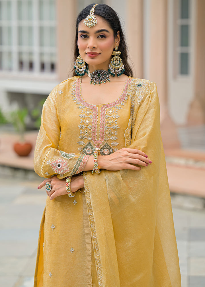 Mustard Yellow Satin Silk Palazzo Suit Set with Floral &amp; Paisley Detailing
