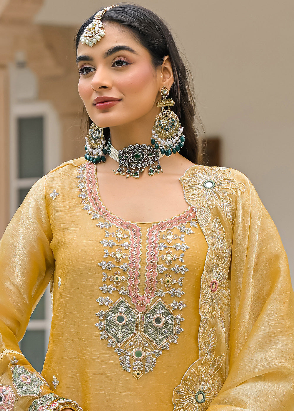 Mustard Yellow Satin Silk Palazzo Suit Set with Floral &amp; Paisley Detailing