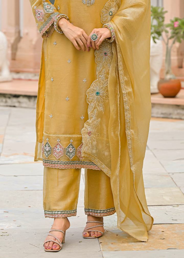 Mustard Yellow Satin Silk Palazzo Suit Set with Floral &amp; Paisley Detailing