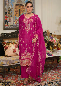 Deep Magenta Blended Silk Embroidered Suit Set with Fine Gold Floral Work