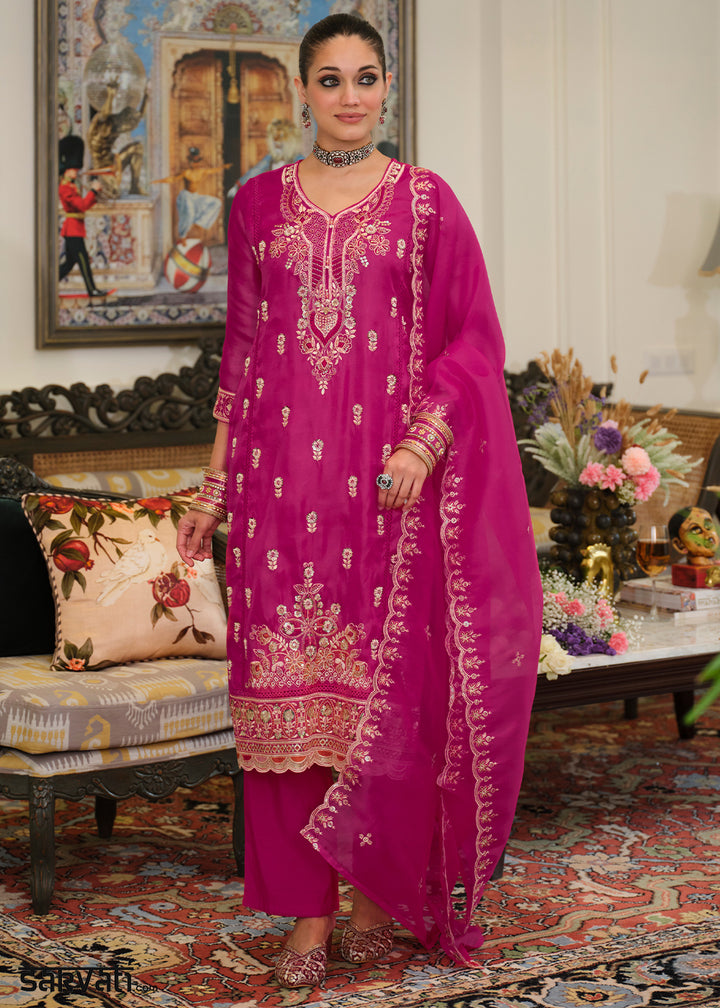 Deep Magenta Blended Silk Embroidered Suit Set with Fine Gold Floral Work