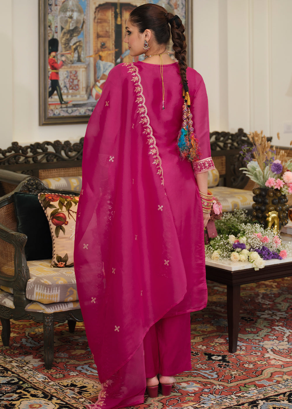 Deep Magenta Blended Silk Embroidered Suit Set with Fine Gold Floral Work