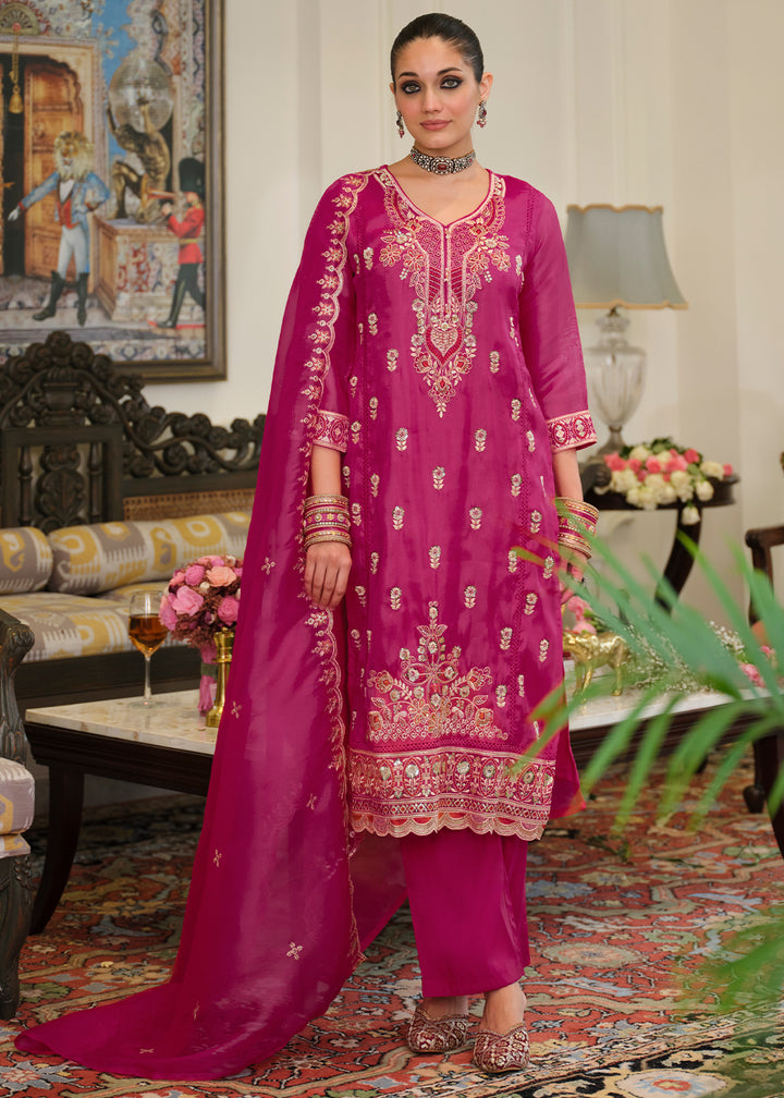 Deep Magenta Blended Silk Embroidered Suit Set with Fine Gold Floral Work