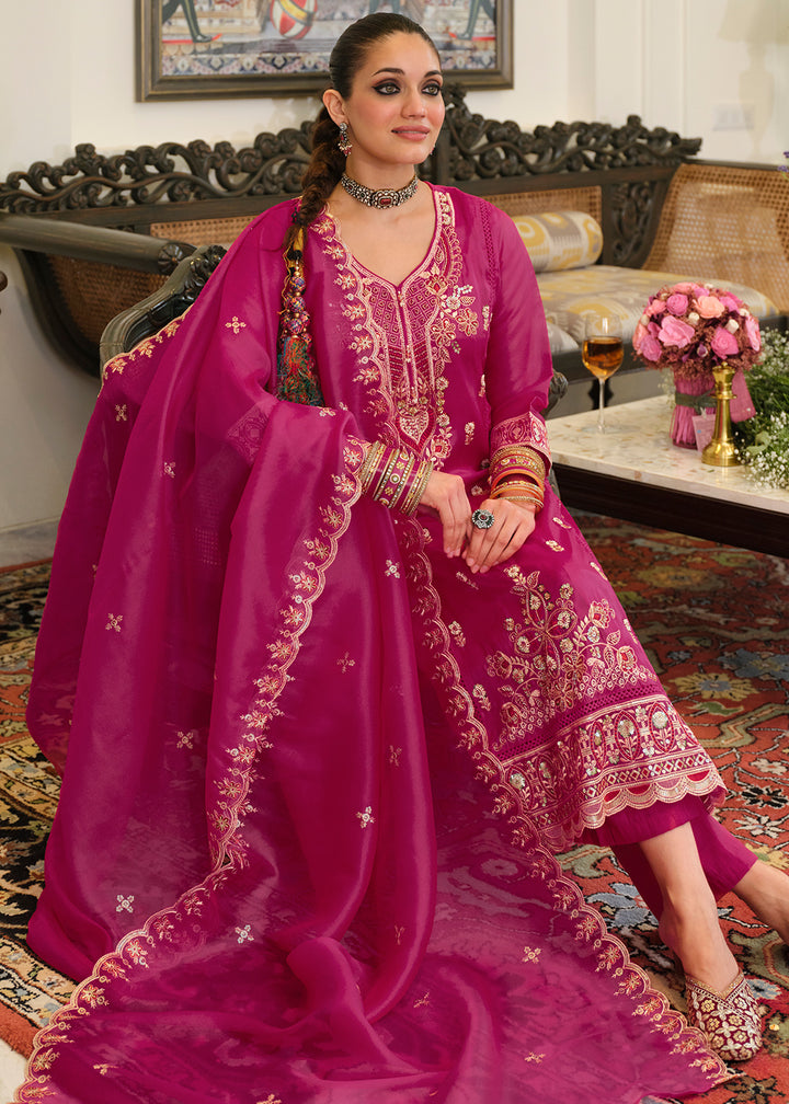 Deep Magenta Blended Silk Embroidered Suit Set with Fine Gold Floral Work