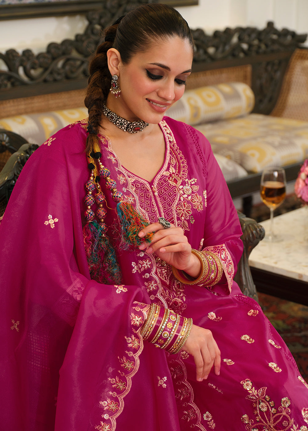 Deep Magenta Blended Silk Embroidered Suit Set with Fine Gold Floral Work