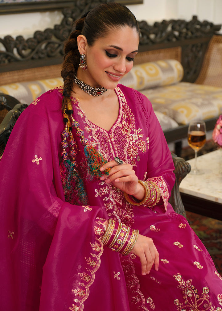 Deep Magenta Blended Silk Embroidered Suit Set with Fine Gold Floral Work