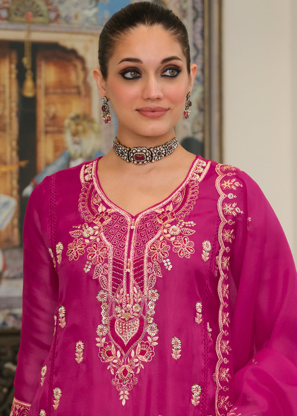 Deep Magenta Blended Silk Embroidered Suit Set with Fine Gold Floral Work