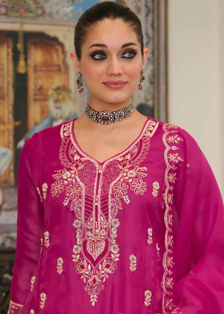 Deep Magenta Blended Silk Embroidered Suit Set with Fine Gold Floral Work