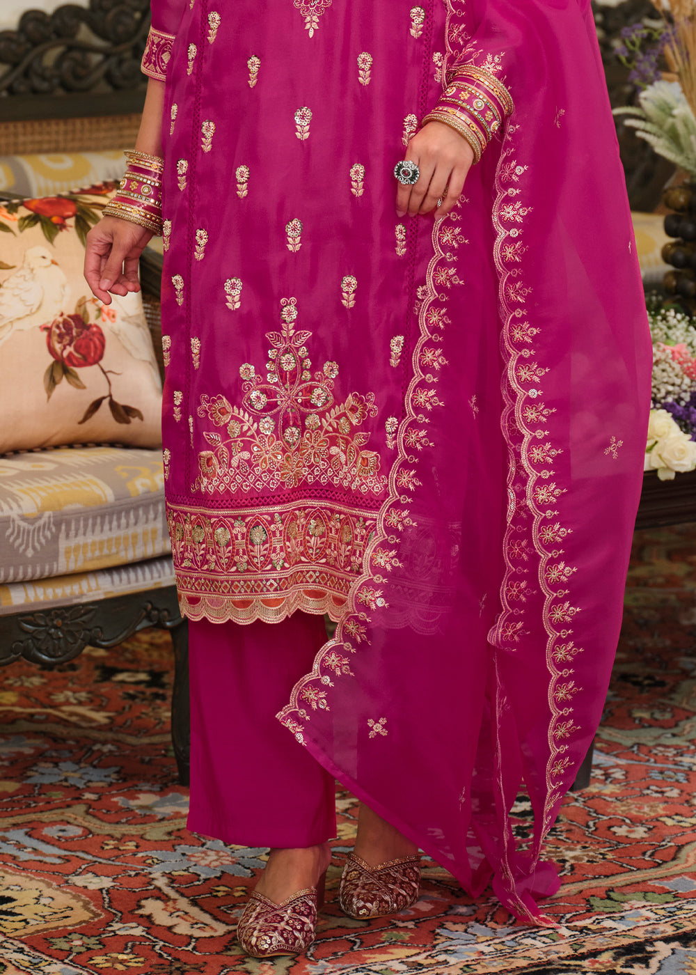 Deep Magenta Blended Silk Embroidered Suit Set with Fine Gold Floral Work