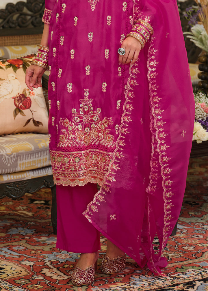 Deep Magenta Blended Silk Embroidered Suit Set with Fine Gold Floral Work