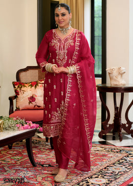 Burgundy Red Blended Silk Embroidered Suit Set with Fine Gold Floral Work