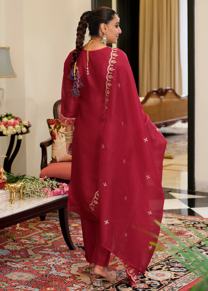 Burgundy Red Blended Silk Embroidered Suit Set with Fine Gold Floral Work