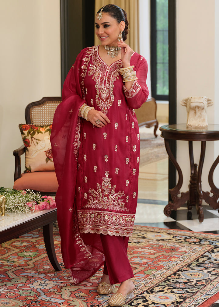 Burgundy Red Blended Silk Embroidered Suit Set with Fine Gold Floral Work