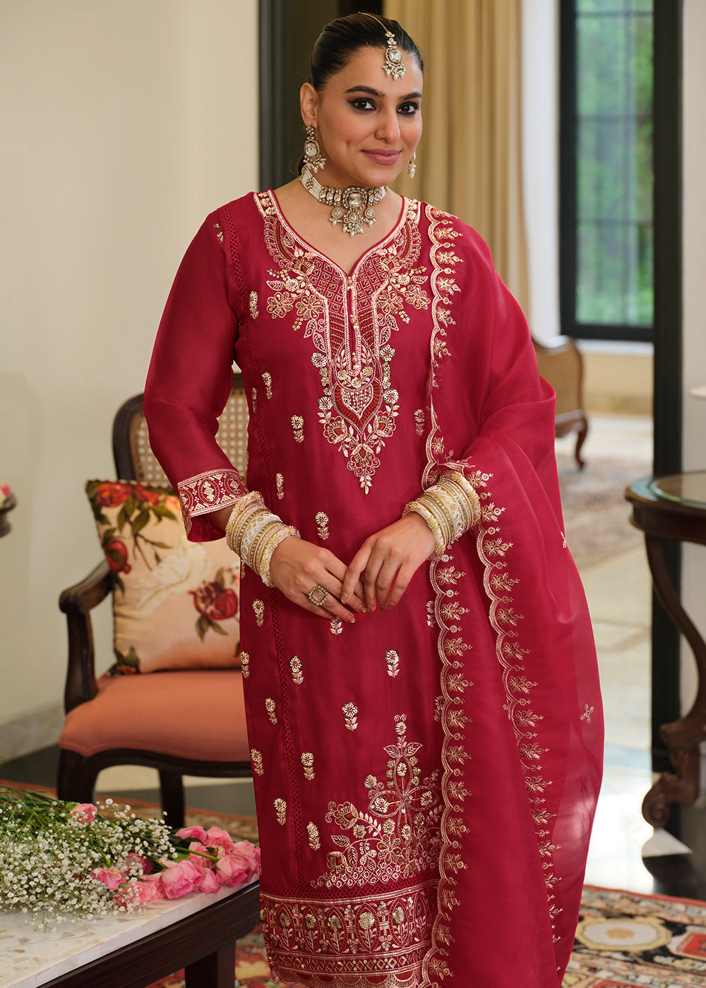 Burgundy Red Blended Silk Embroidered Suit Set with Fine Gold Floral Work