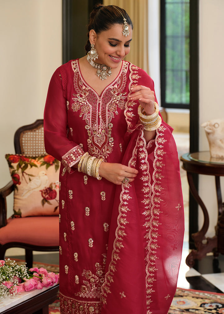 Burgundy Red Blended Silk Embroidered Suit Set with Fine Gold Floral Work