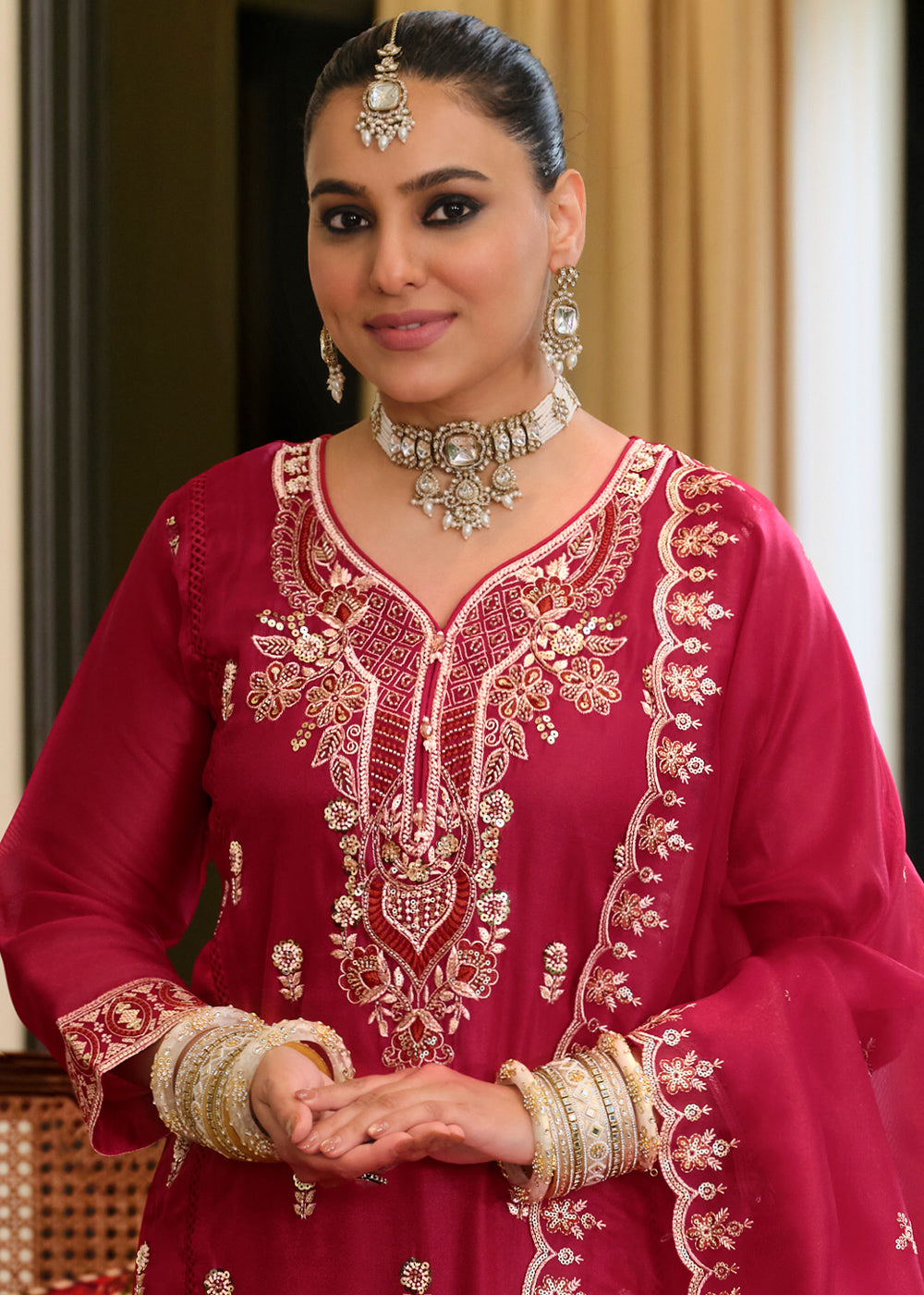 Burgundy Red Blended Silk Embroidered Suit Set with Fine Gold Floral Work