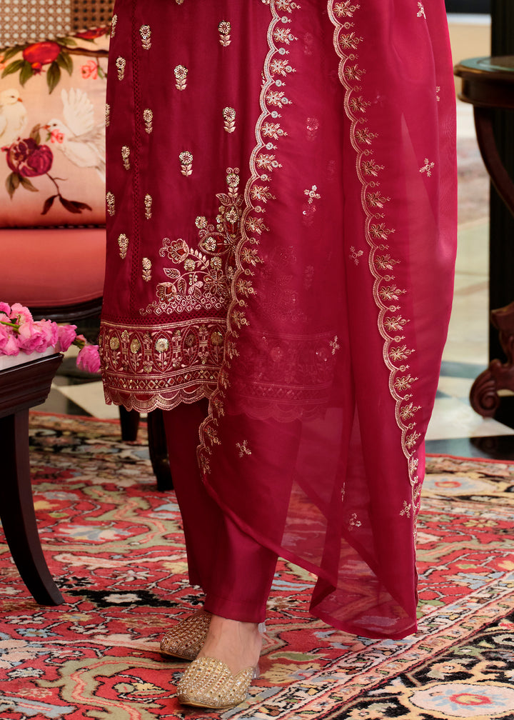 Burgundy Red Blended Silk Embroidered Suit Set with Fine Gold Floral Work