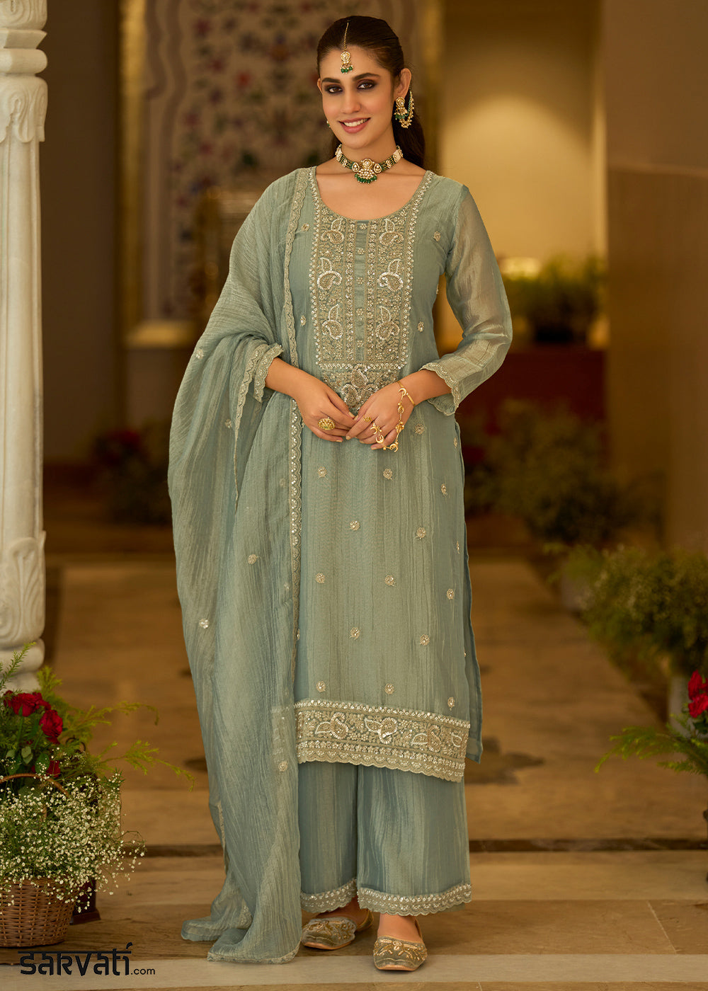 Sage Green Blended Silk Palazzo Suit Set with Gold-Shimmer Embroidery