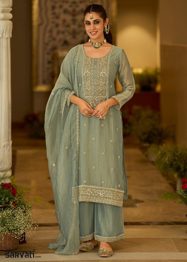 Sage Green Blended Silk Palazzo Suit Set with Gold-Shimmer Embroidery